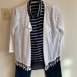 Jeans, shirt, cardigan outfit